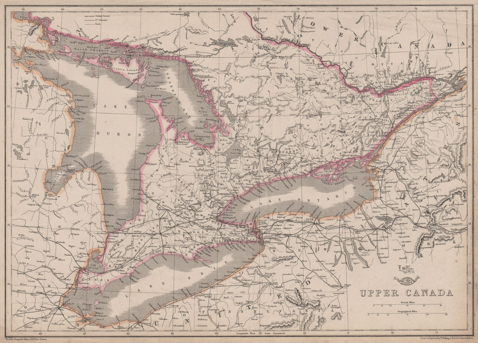 UPPER CANADA. Lakes Huron, Erie & ONTARIO. Counties. Railways. ETTLING 1863 map